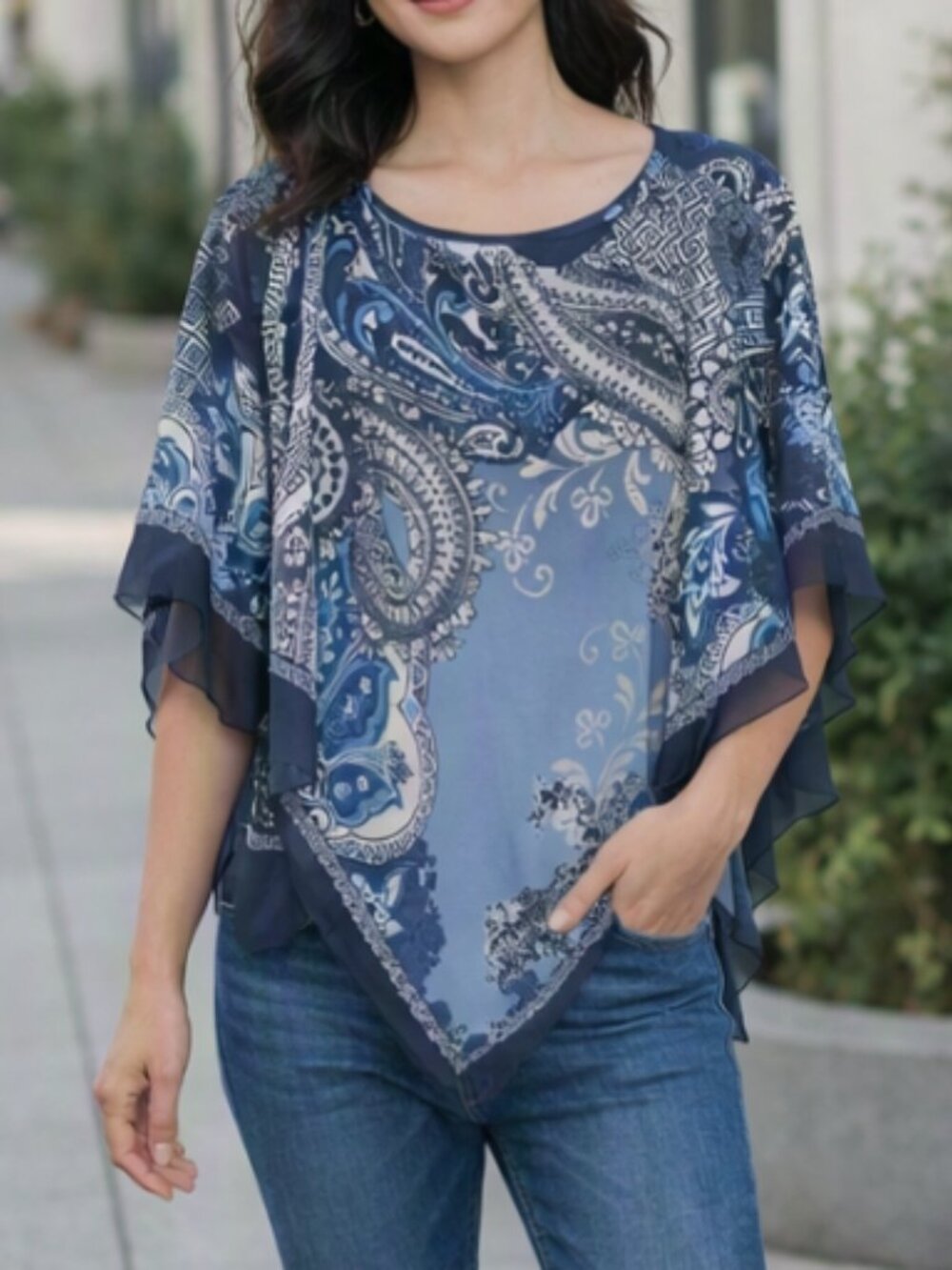 Christopher & Banks Blue Embellished Paisley Poncho Blouse Top Petite M Boho